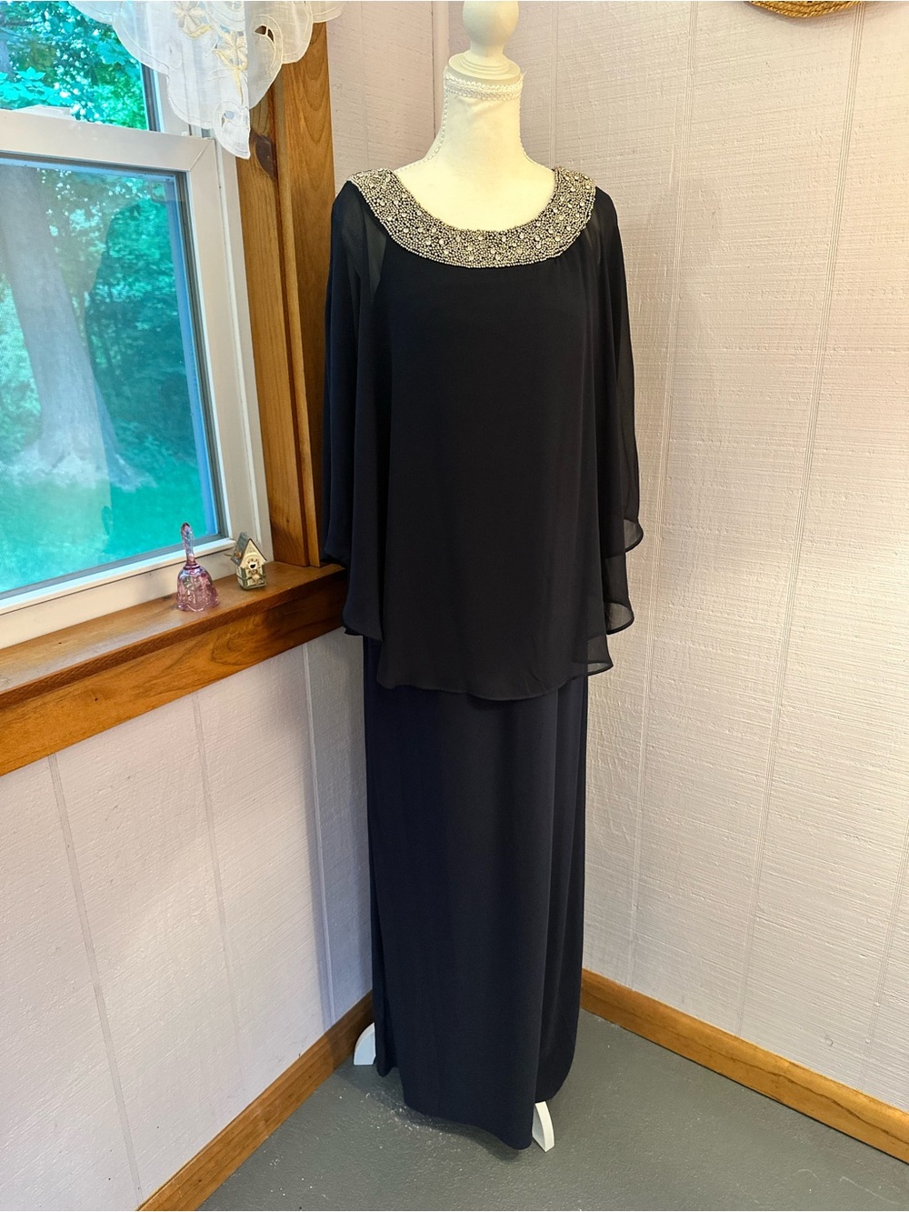 R&M Richards Black Maxi Dress with Beaded Silver Collar